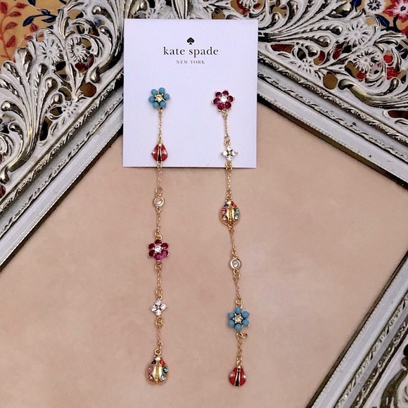 KATE SPADE • Nature Walk Ladybug Insect Myosotis Flower Linear Long Earrings - Picture 4 of 4